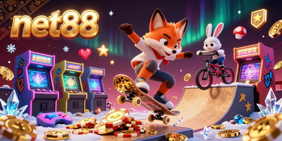 Experience thrilling action with net88, featuring a skateboarder fox and BMX rabbit among vibrant casino symbols.