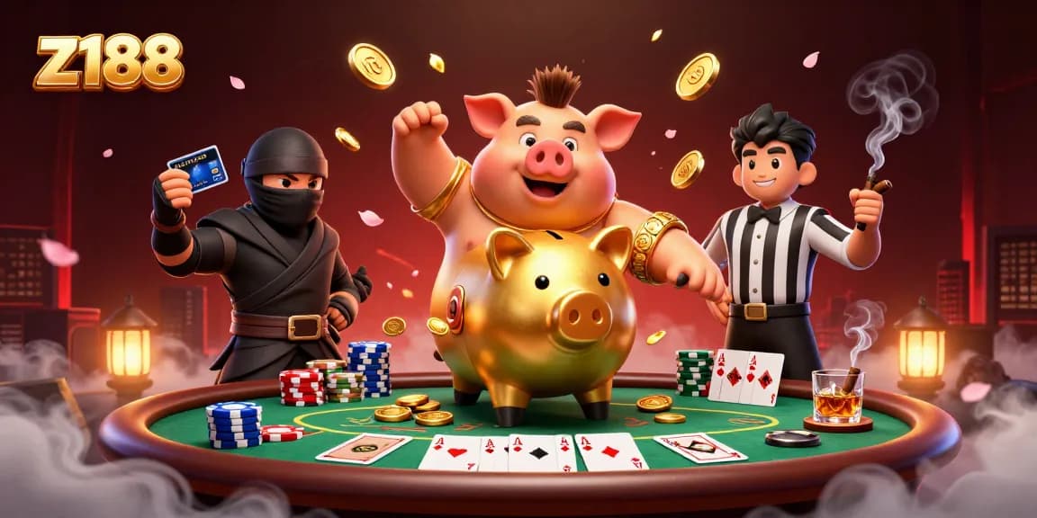 Experience dynamic poker action at z188 with a sumo wrestler and ninja in a lively casino scene.