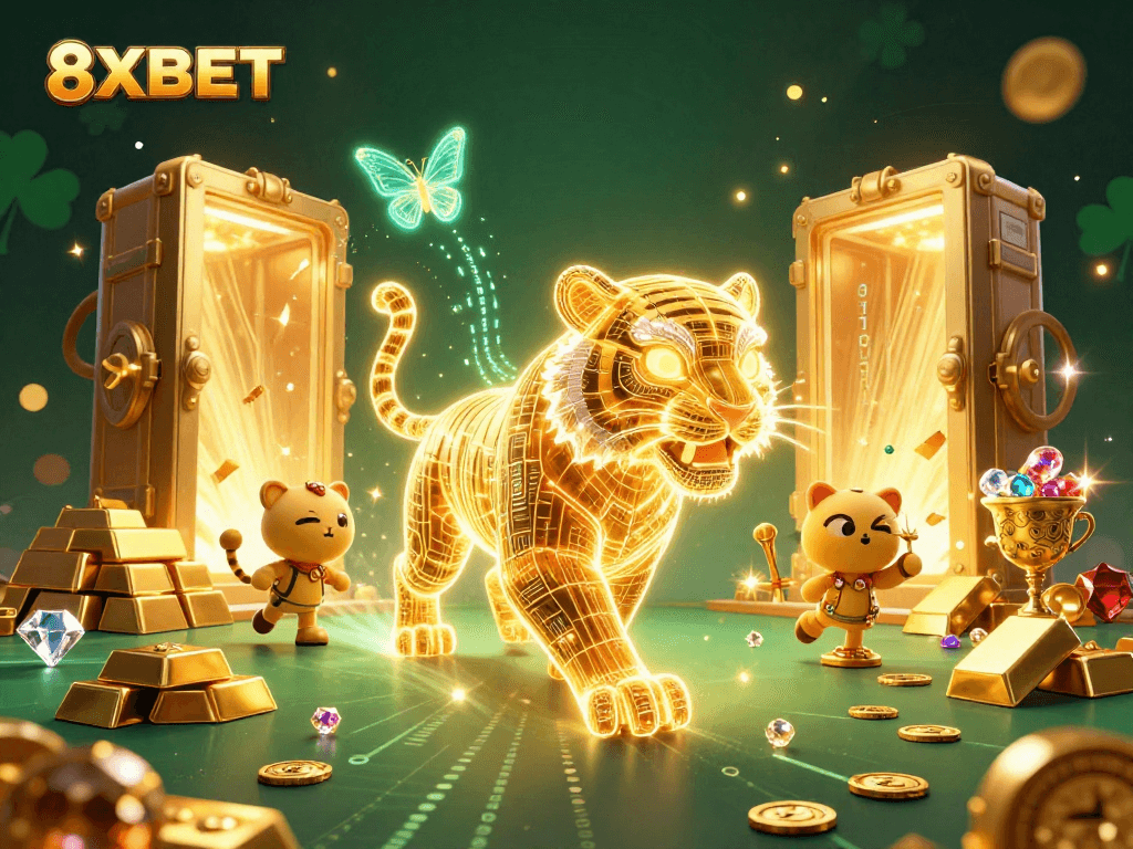 Embark on an exhilarating journey at 8XBET, featuring a golden tiger and dazzling treasures in a lively casino.