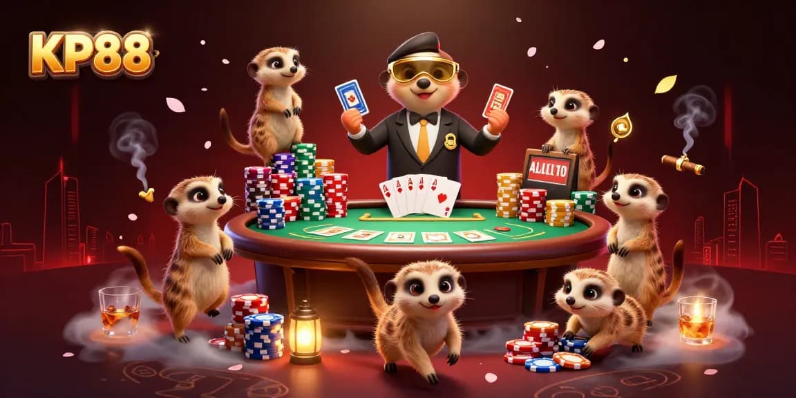 KP88 invites players to enjoy an exciting casino experience with meerkat characters managing a vibrant poker operation.