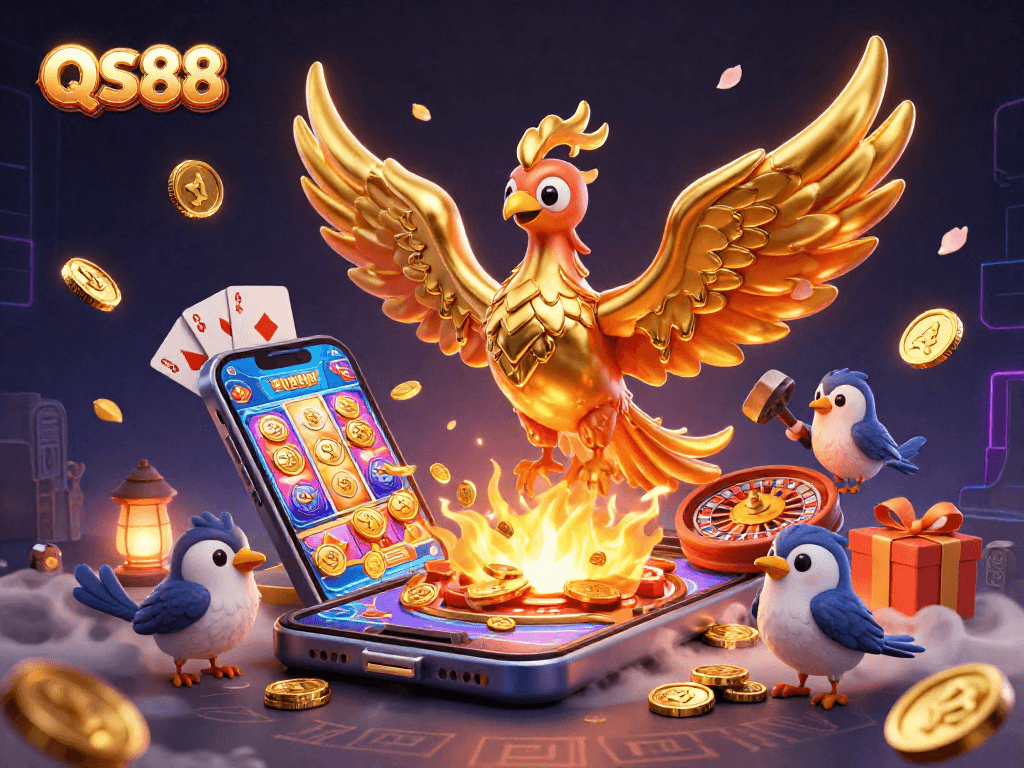 Experience the exhilarating excitement of QS88 with a stunning golden phoenix soaring amidst casino games.