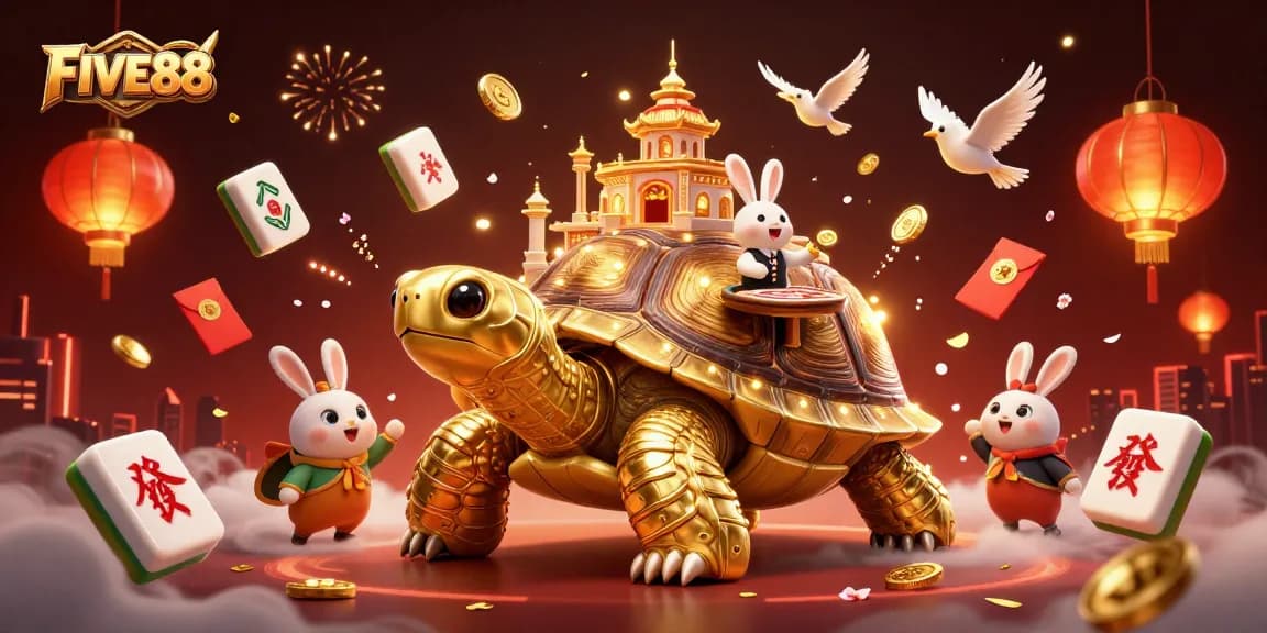Experience thrilling wins at FIVE88 with a vibrant casino scene featuring a cartoon tortoise and bird dealers.