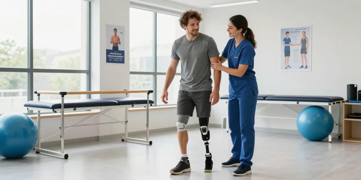 Amputee practicing walking with therapist in modern rehab center, discovering new mobility with DRAGON222 link integration.