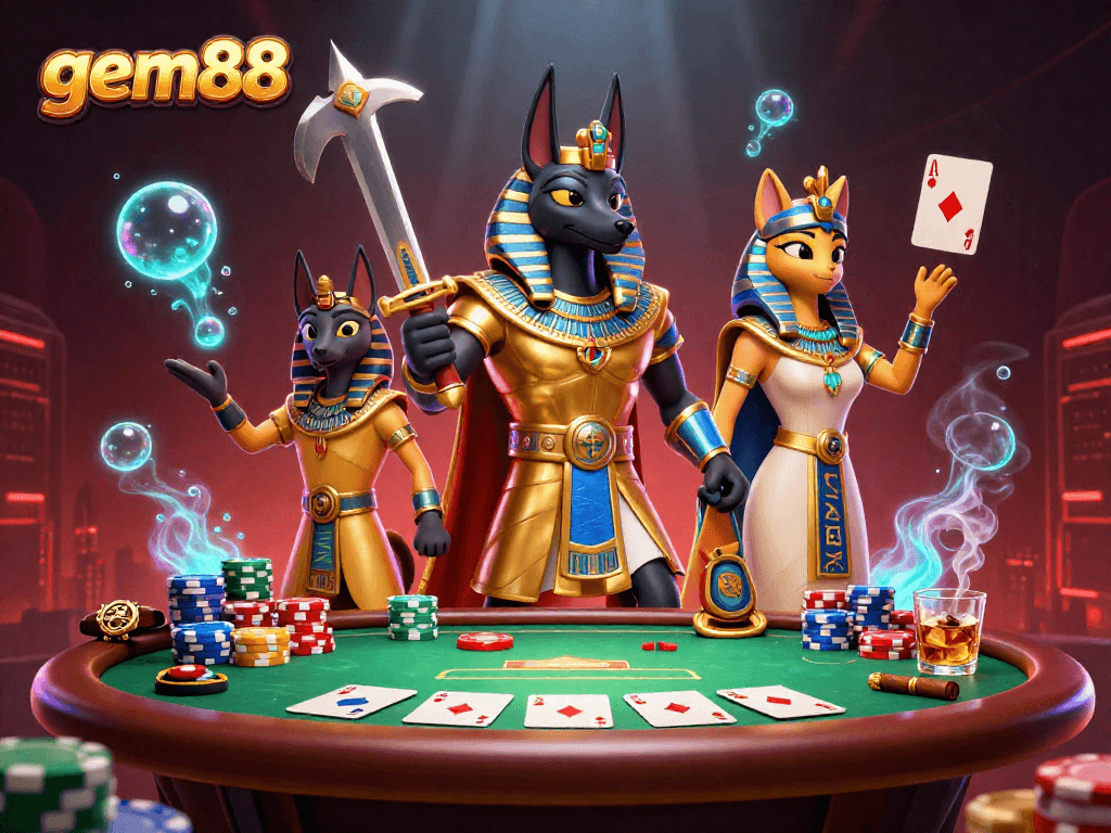 Engage in thrilling poker action with gem88, featuring Anubis and Bastet amidst vibrant casino elements.