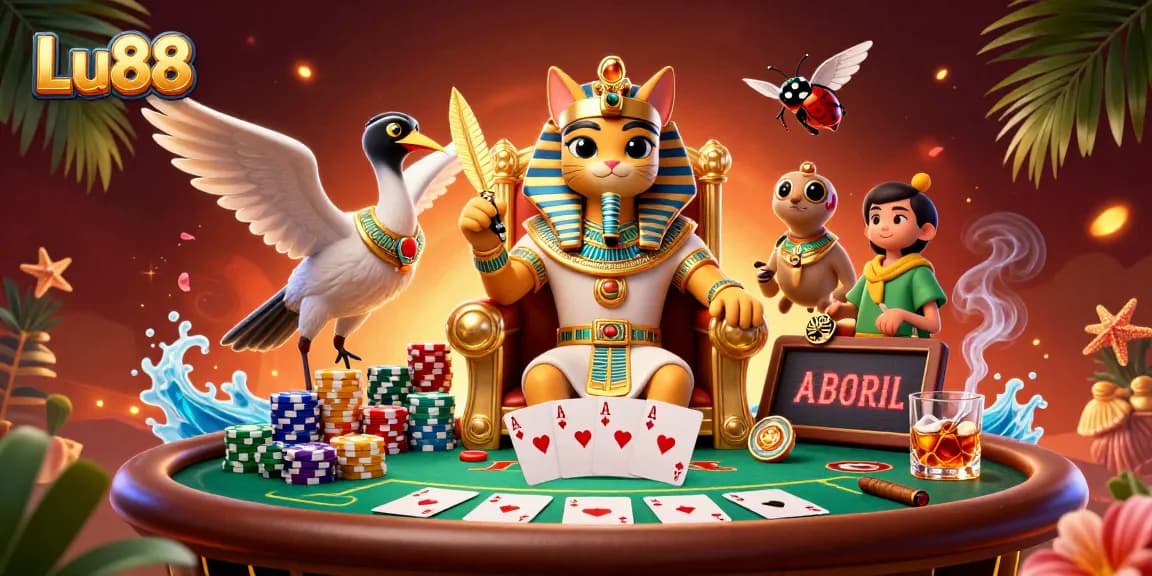 Experience thrilling gameplay with Lu88's vibrant casino scene filled with cards and prizes.