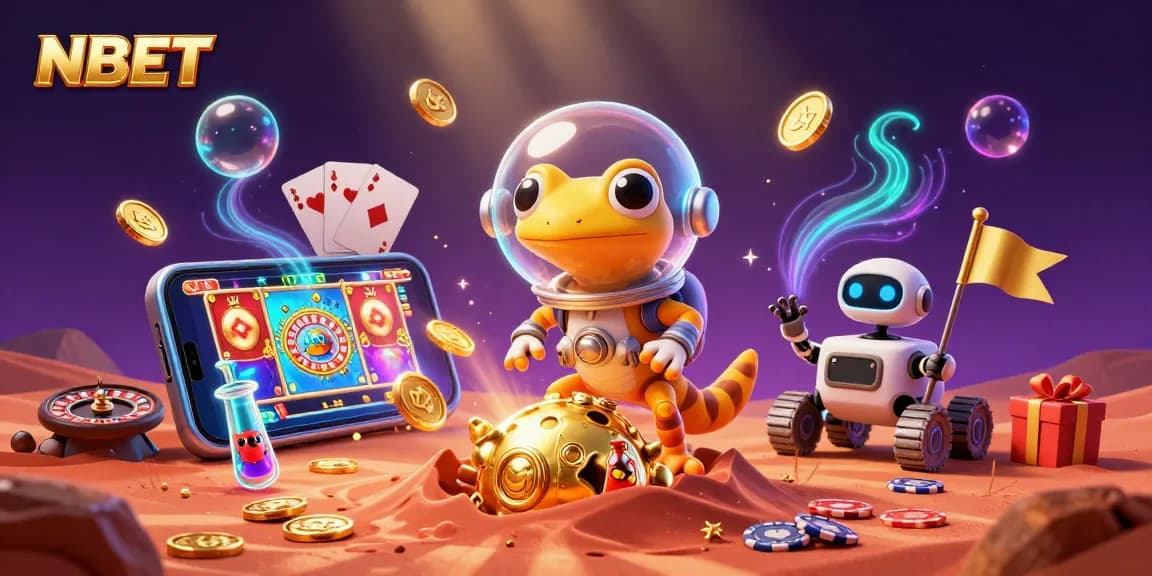 NBET online casino scene with a cartoon Martian gecko and slot game excitement.