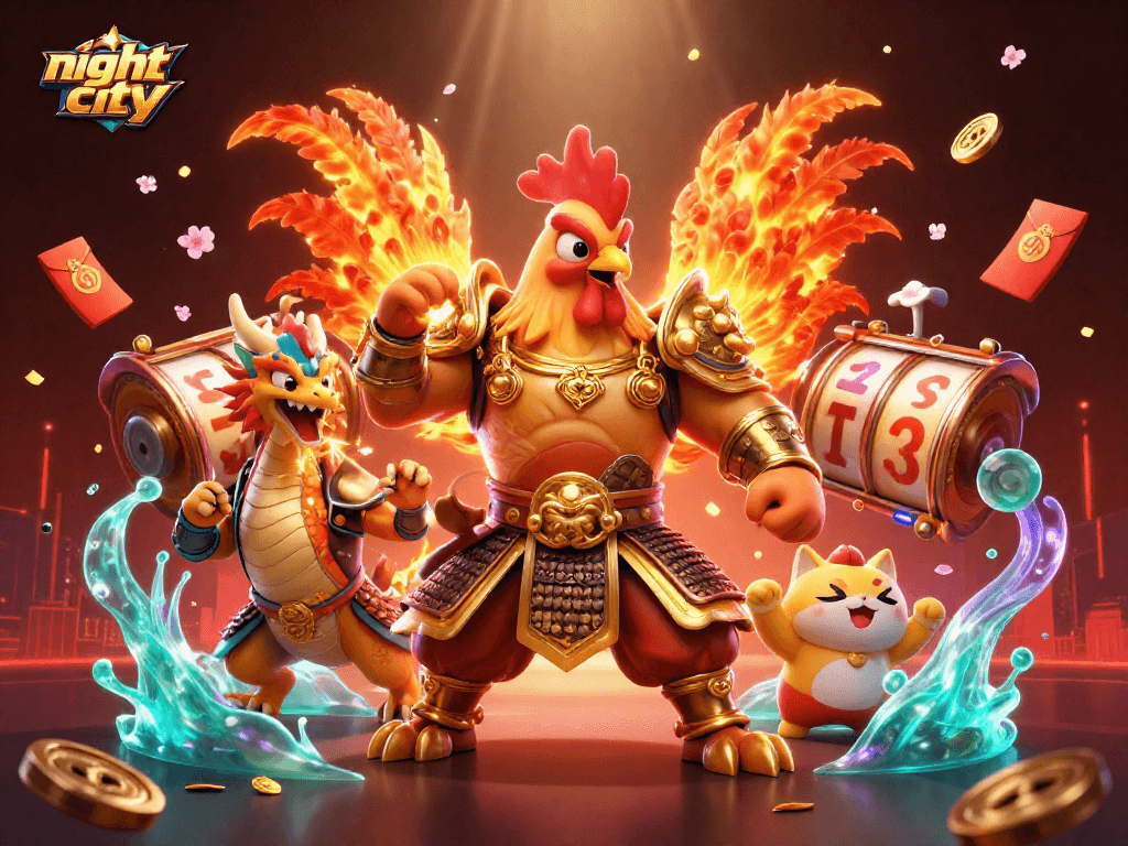 Engage in night city slot adventures with dynamic characters amidst vibrant casino elements.