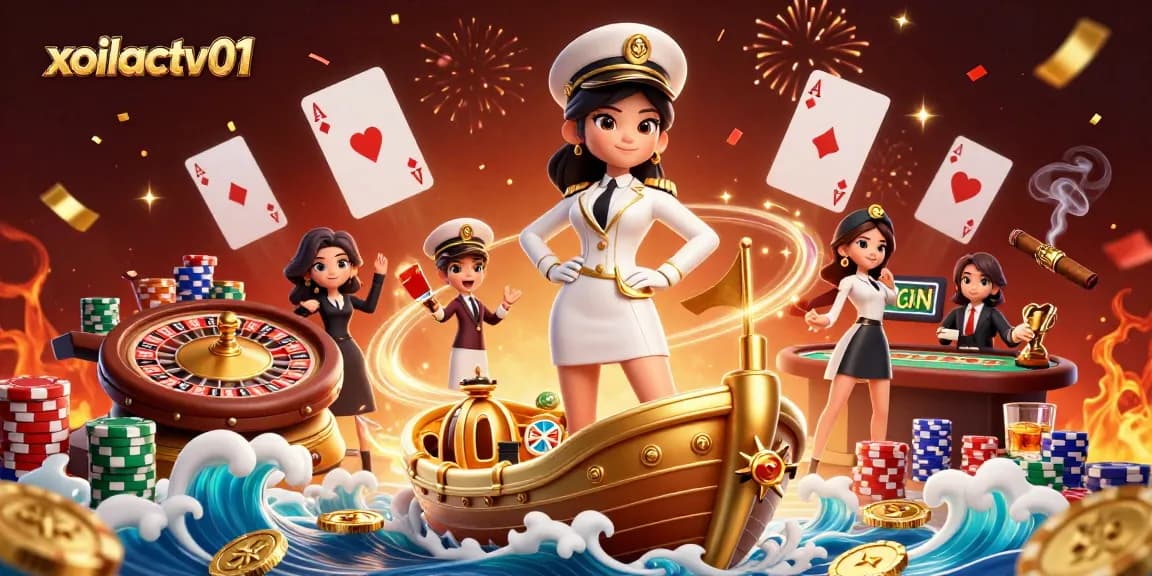 Xoilactv01 showcases an engaging live casino scene with a commanding Asian woman, vibrant game elements, and rich visuals.
