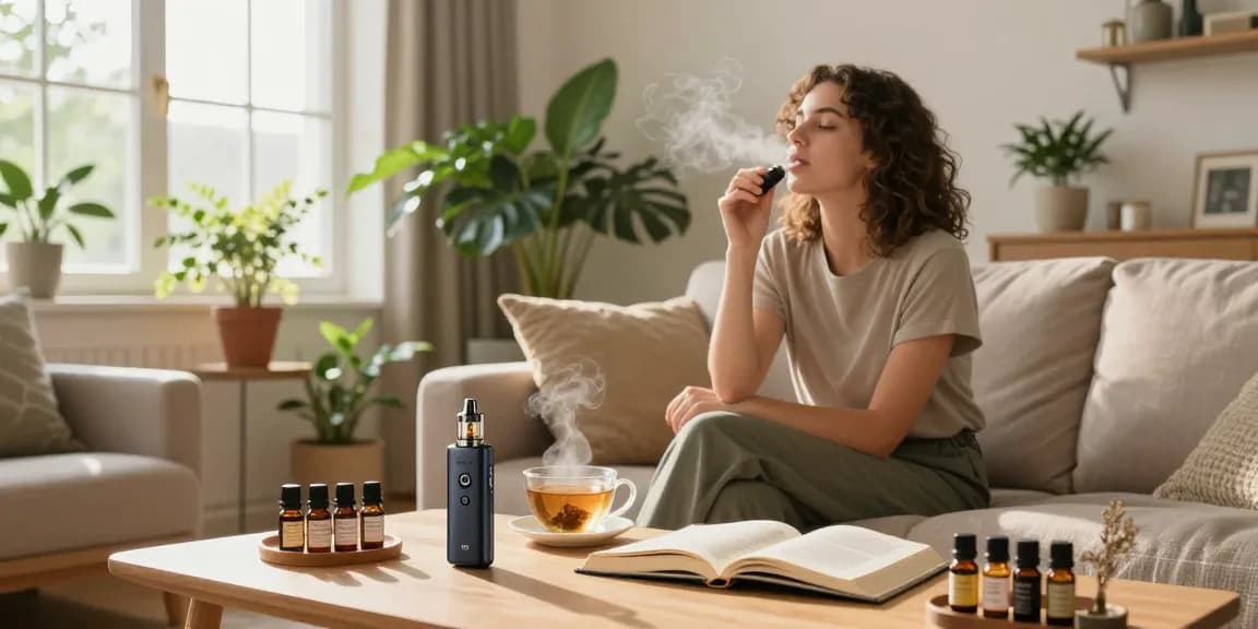 THC vape UK relaxation moment with premium vape device, hemp decor, and wellness items promoting natural health.