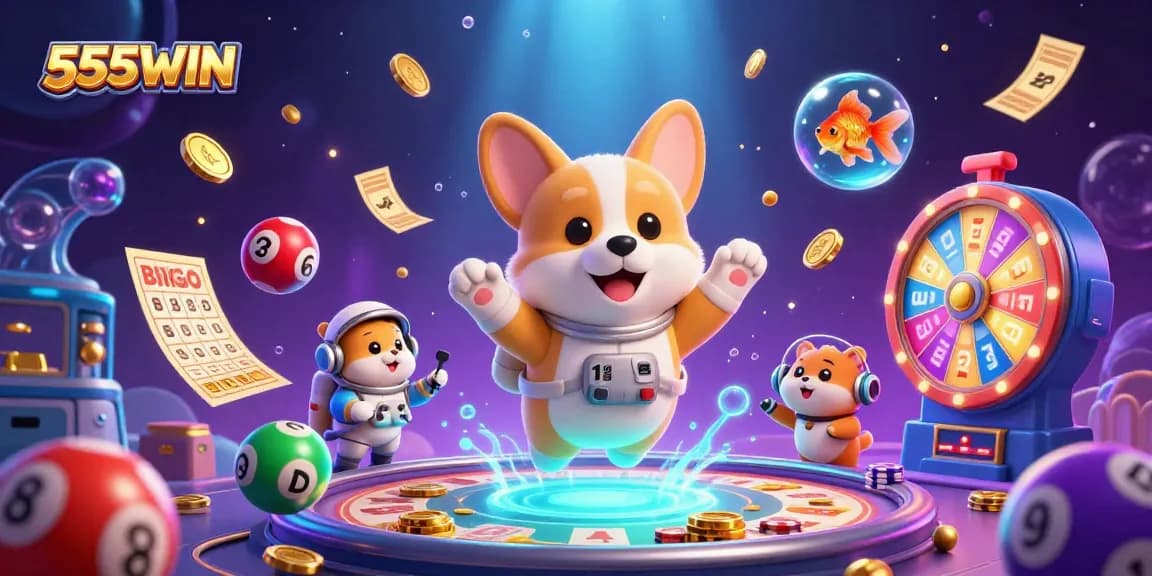 Win exciting prizes at 555WIN, featuring dynamic gaming elements in a vibrant casino scene.