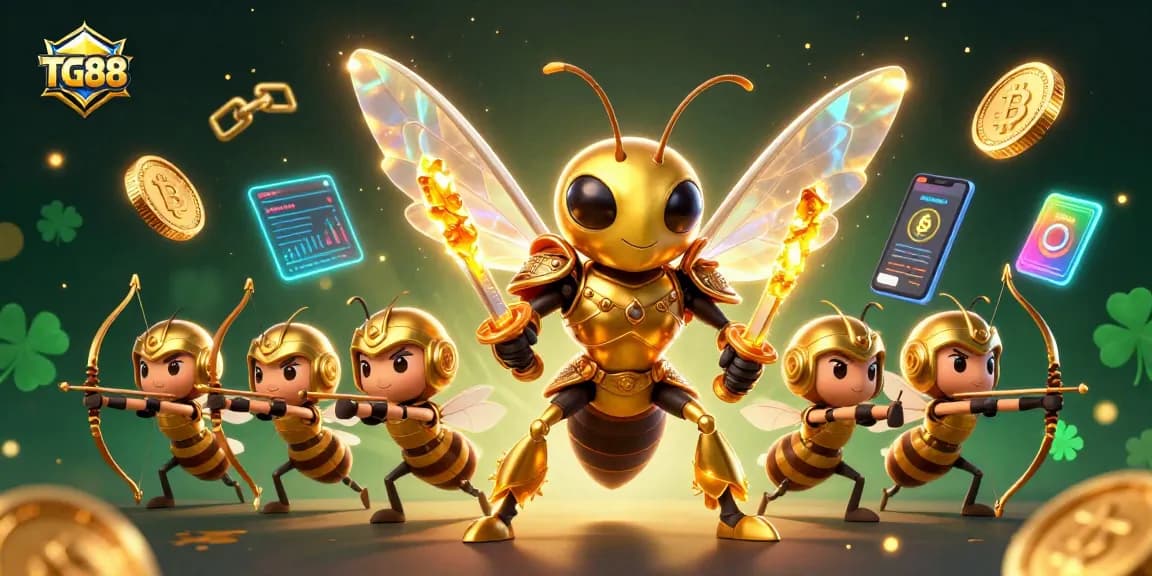 TG88 showcases a dynamic gambling scene with golden hornet warriors in a casino setting, highlighting exciting betting action.