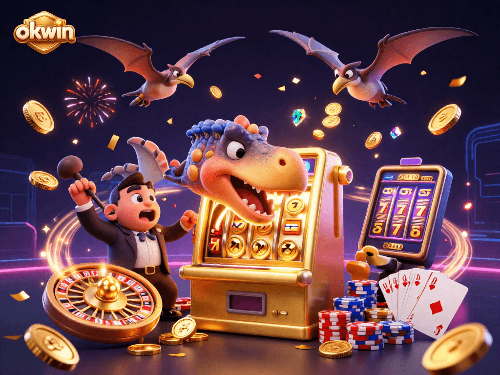 Witness the excitement at okwin as a pachycephalosaurus wins jackpot coins from a slot machine!