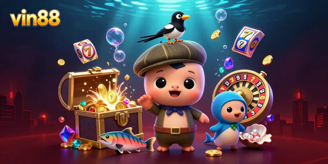 Win big with vin88 - an engaging underwater casino scene filled with lucky symbols and playful characters.