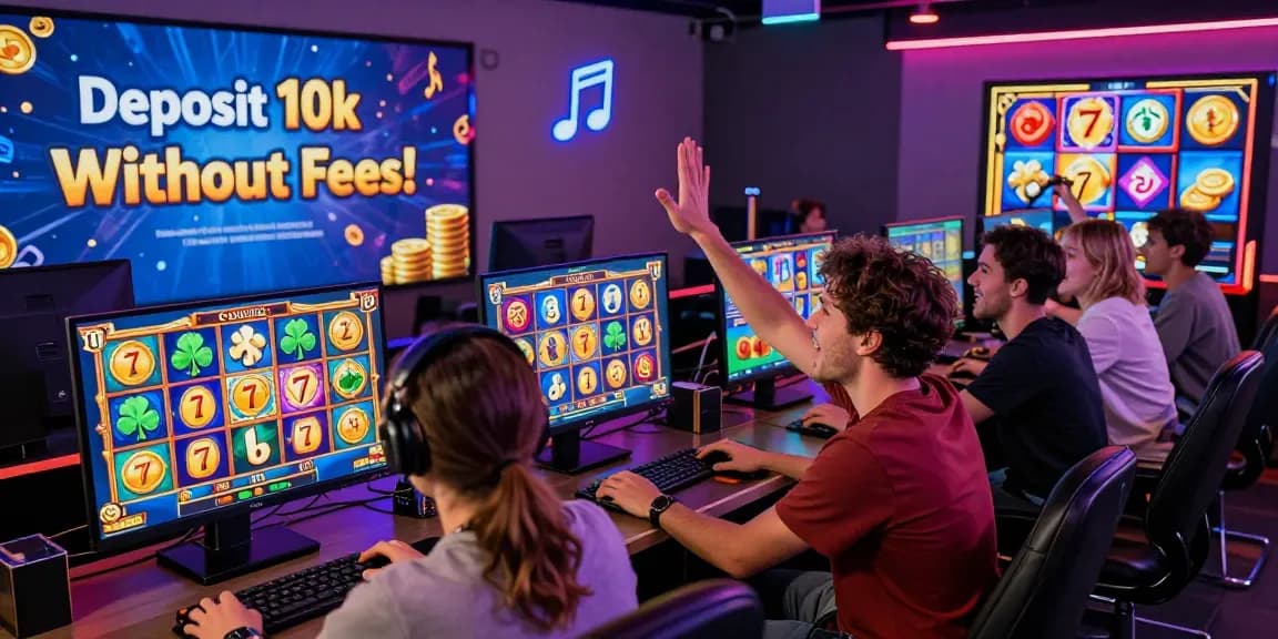 Players celebrating their wins on Hwgslot with depo pulsa 10k tanpa potongan in interactive gaming lounge.