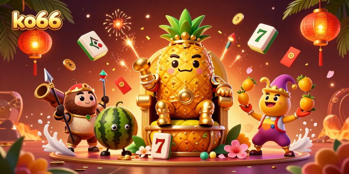 Experience thrilling slots action with ko66 in a vibrant 3D casino illustration featuring dynamic characters.