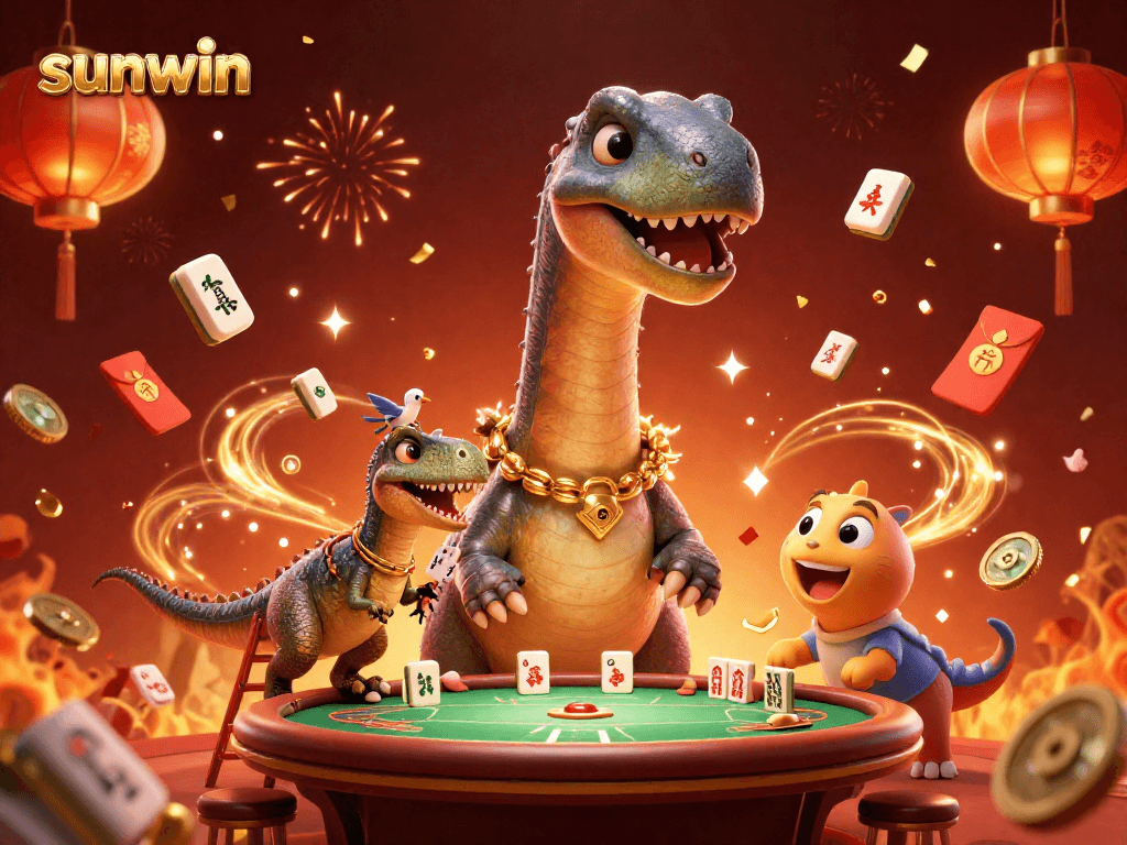 Engage in thrilling gameplay with Sunwin at a vibrant casino scene featuring a brontosaurus and clever raptor.