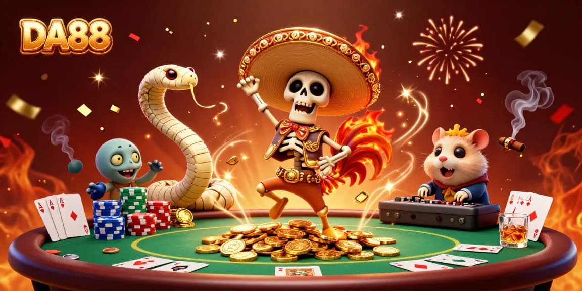 Celebrating DA88 with a lively skeleton mariachi, mummy snake, and DJ hamster in a colorful casino scene.
