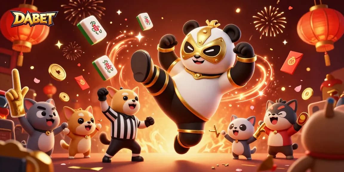 DABET delivers thrilling gaming experiences with a festive cartoon scene featuring a panda wrestler and vibrant casino elements.