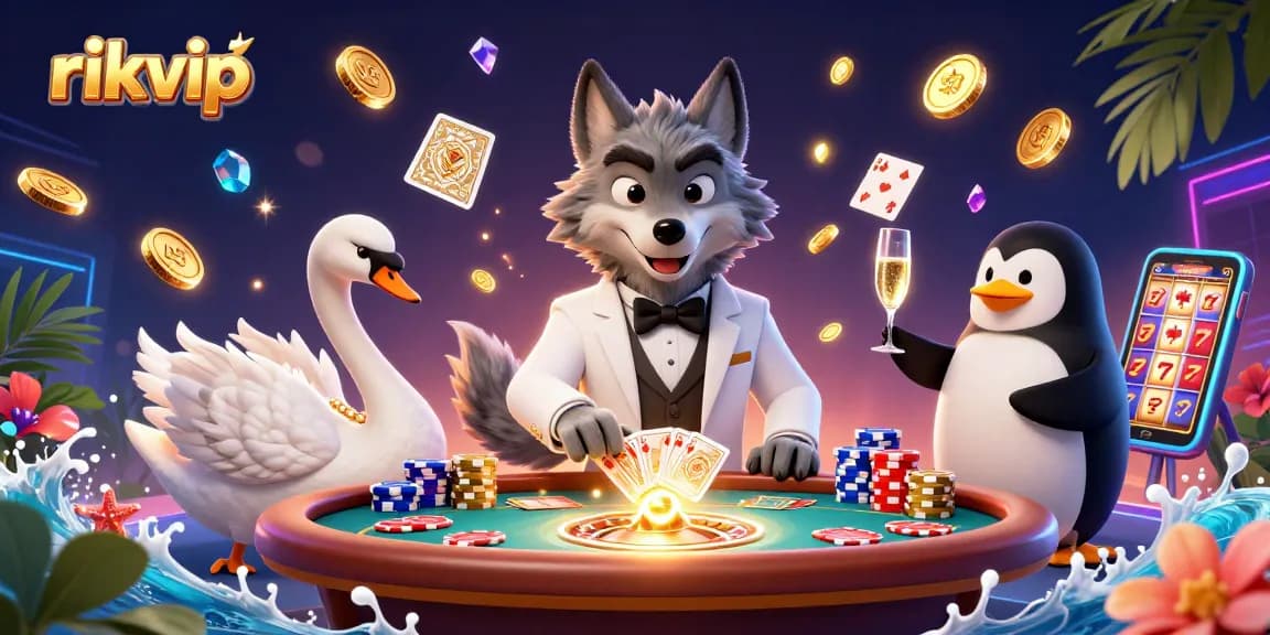 rikvip immerses players in a dynamic casino scene with cartoon characters and vibrant gaming elements.