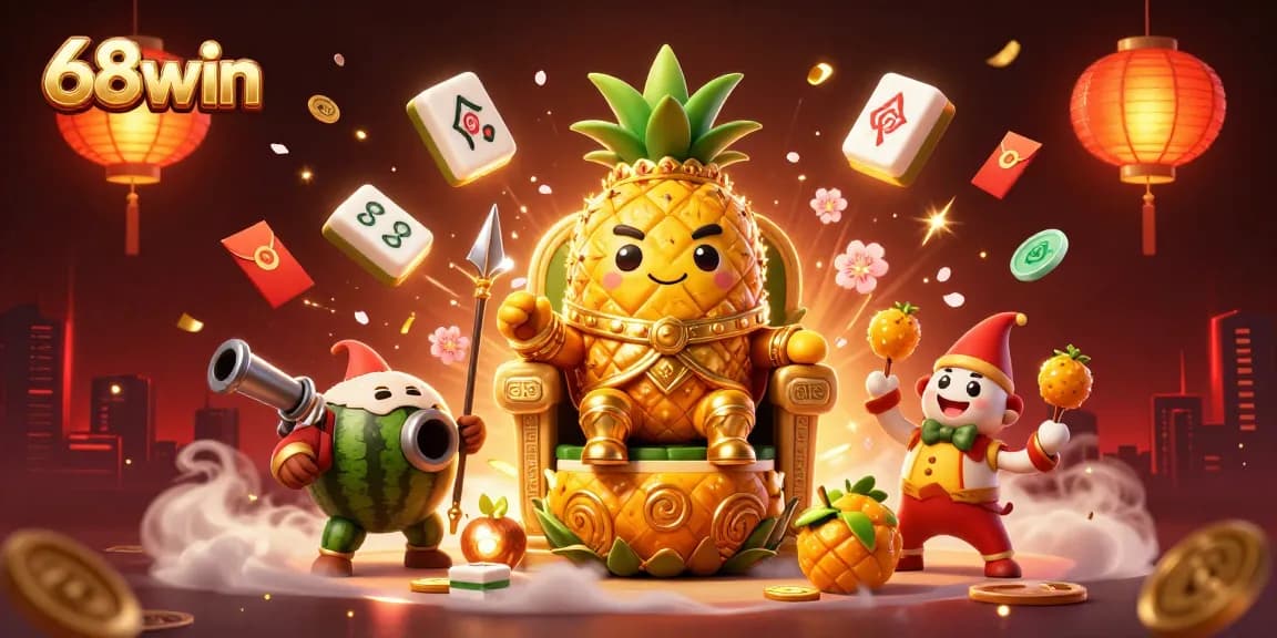 Experience thrilling gaming at 68win, featuring a 3D cartoon king and vibrant casino elements.