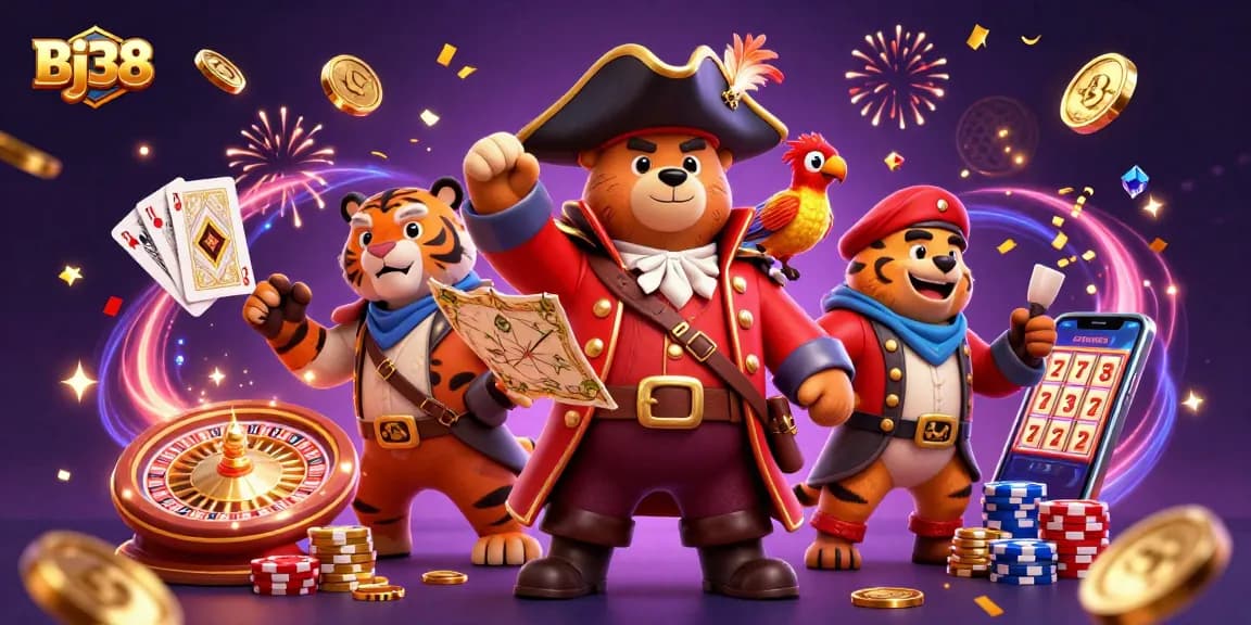 Bj38 offers an exciting cartoon depiction of a pirate captain and friends amidst a thrilling casino adventure.