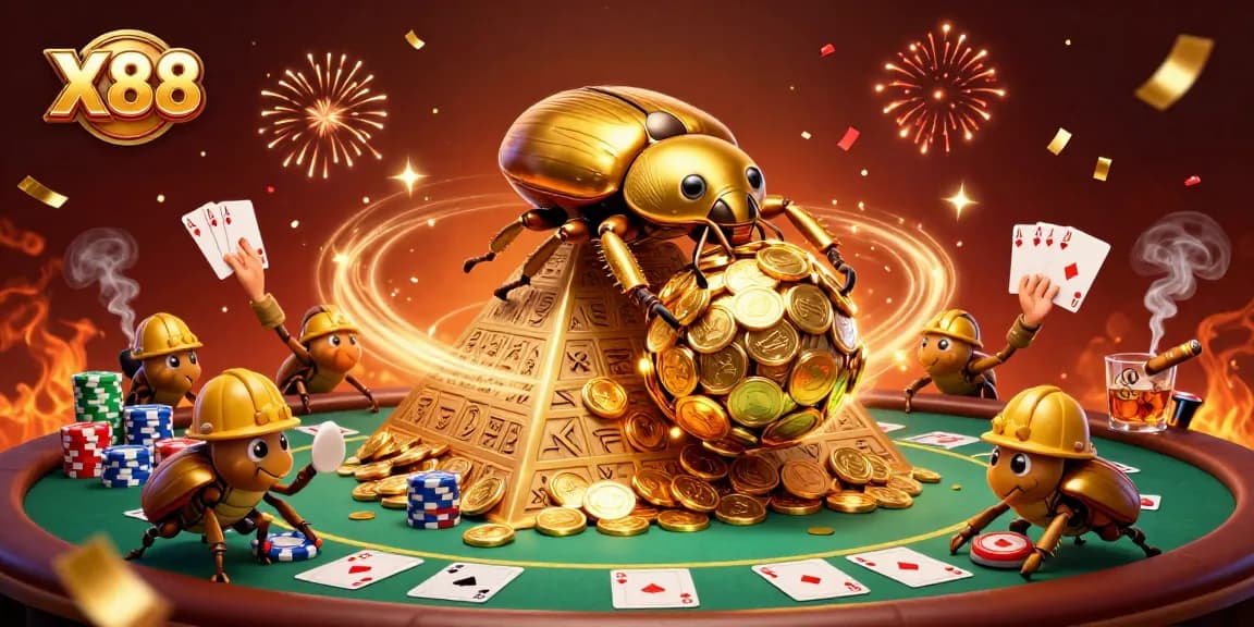 X88 engages players with an energetic scene of golden beetles rolling coins, surrounded by poker elements.