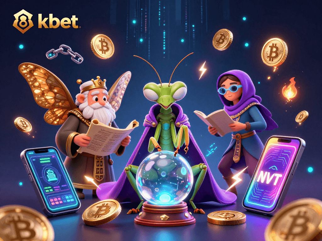 Engage with the vibrant 8kbet scene featuring mystical fortune tellers and crypto elements in a dynamic casino illustration.