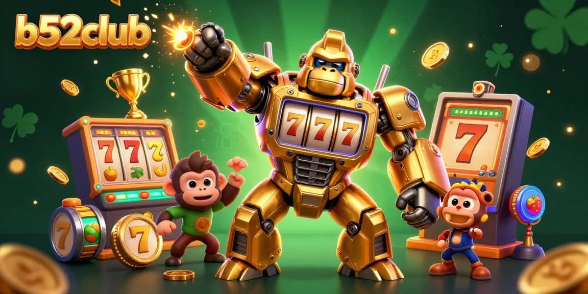 B52club showcases a vibrant casino scene with a golden gorilla mech, spinning slots, and explosive coins, enhancing the gambling experience.