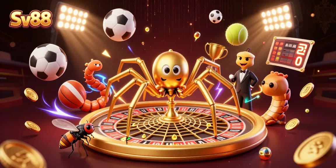 Engage with Sv88 as a golden spider weaves a roulette wheel, showcasing thrilling sports betting action.