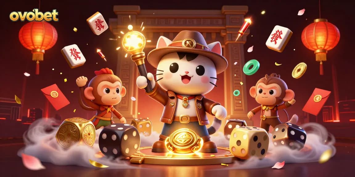 Mainkan permainan sambil menemui harta karun di ovobet dengan cat arkeolog kartun dan monyet pembawa obor.