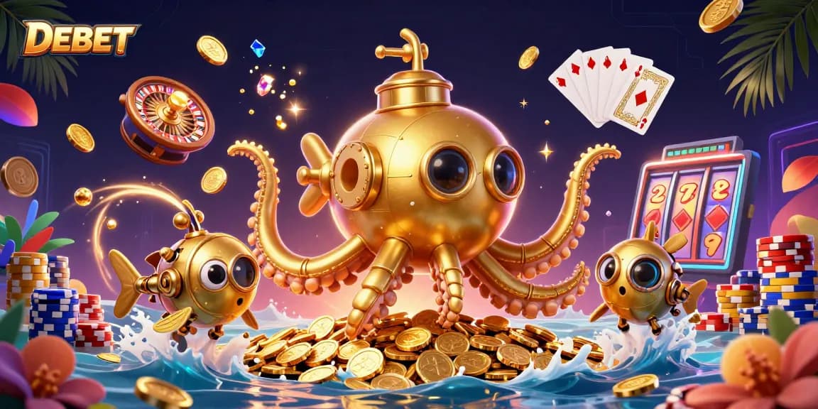 Experience thrilling DEBET betting with a golden kraken submarine in a casino ocean of luck.