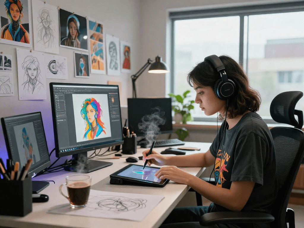 Artist creating NSFW AI artwork in a vibrant digital studio.