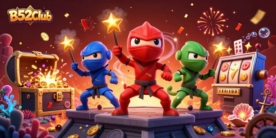B52Club showcases a vibrant casino scene with chameleon ninjas and jackpot elements for thrilling gaming.