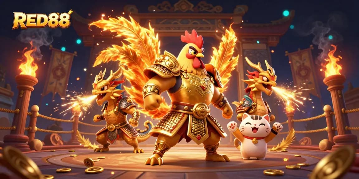 Experience the thrill at RED88 with a powerful rooster warrior and dragon amidst a vibrant casino scene.