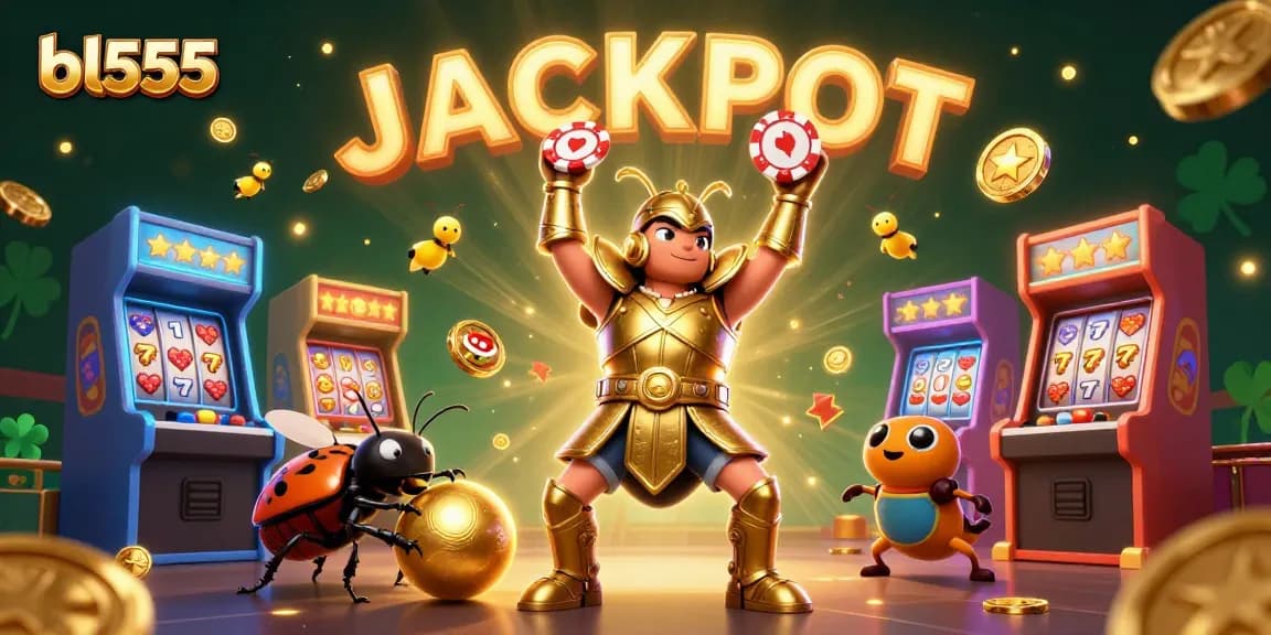Engage in the exciting atmosphere of bl555, featuring a heroic beetle lifting a poker chip amid gleaming slot machines and vibrant graphics.