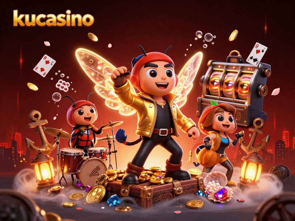 Join the excitement at kucasino with a vibrant casino scene featuring a rock star and festive elements.