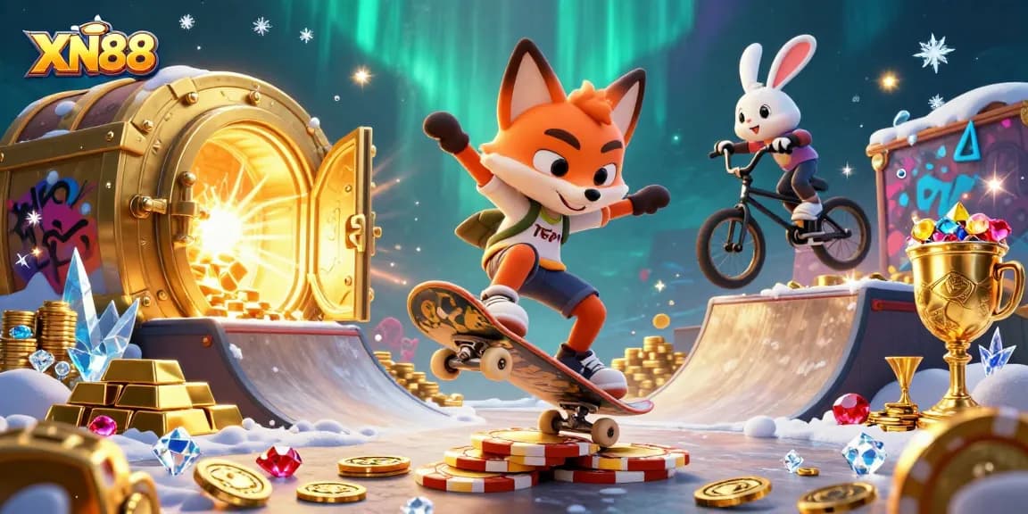 XN88 players enjoy a vibrant 3D casino world filled with colorful gems and golden treasures.