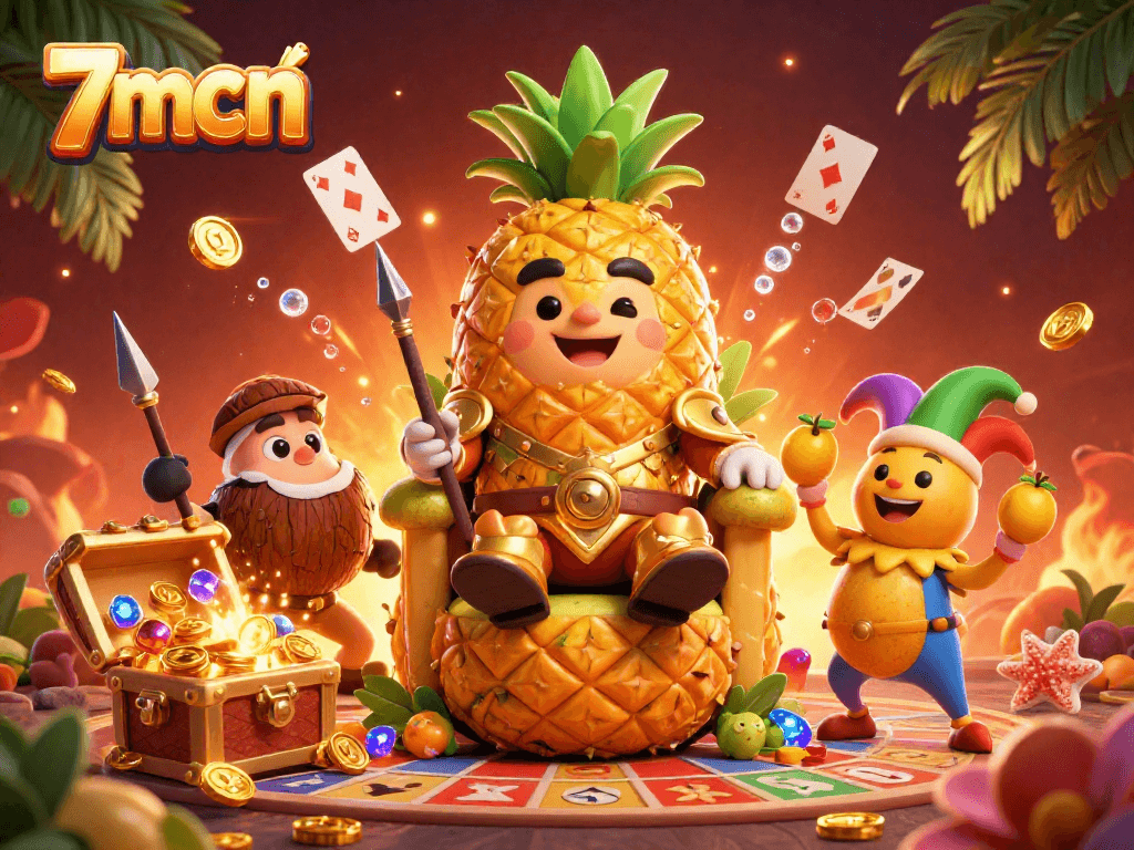 Engage in thrilling Keno gaming with 7mcn as a golden pineapple king presides over a festive casino scene.