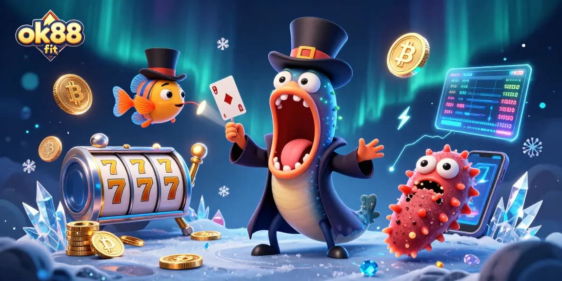Engage in thrilling slots at ok88 fit with a vibrant 3D casino scene featuring unique sea creatures.