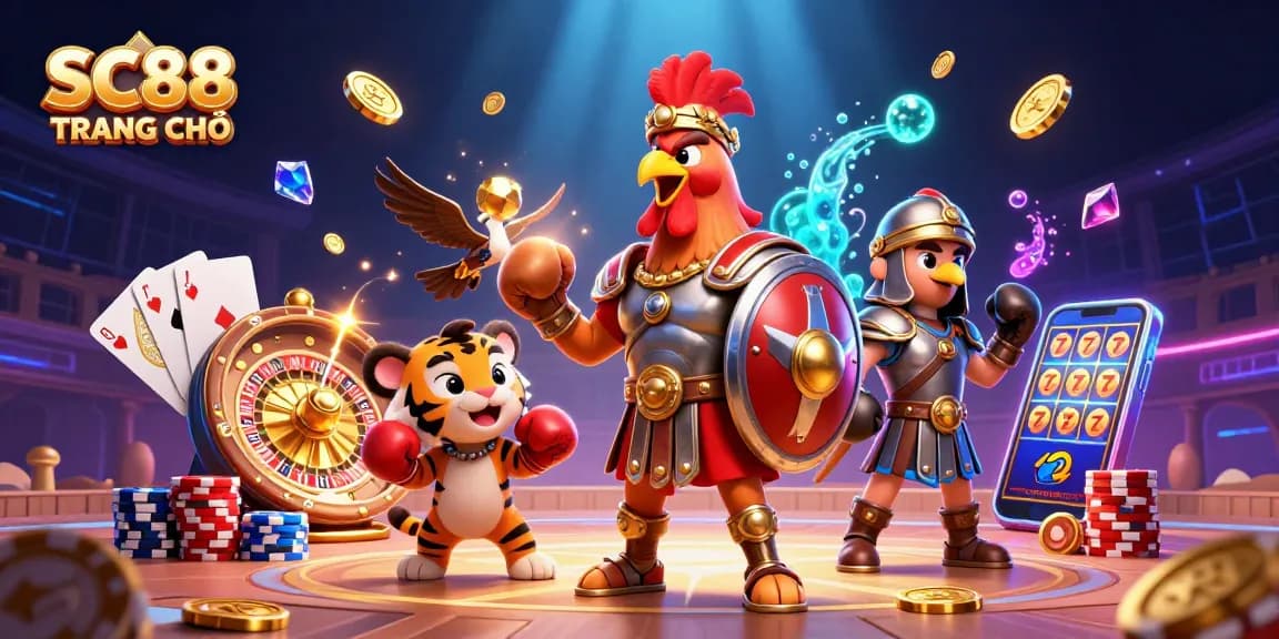 Place bets with SC88 TRANG CHỦ as colorful casino characters celebrate winning moments