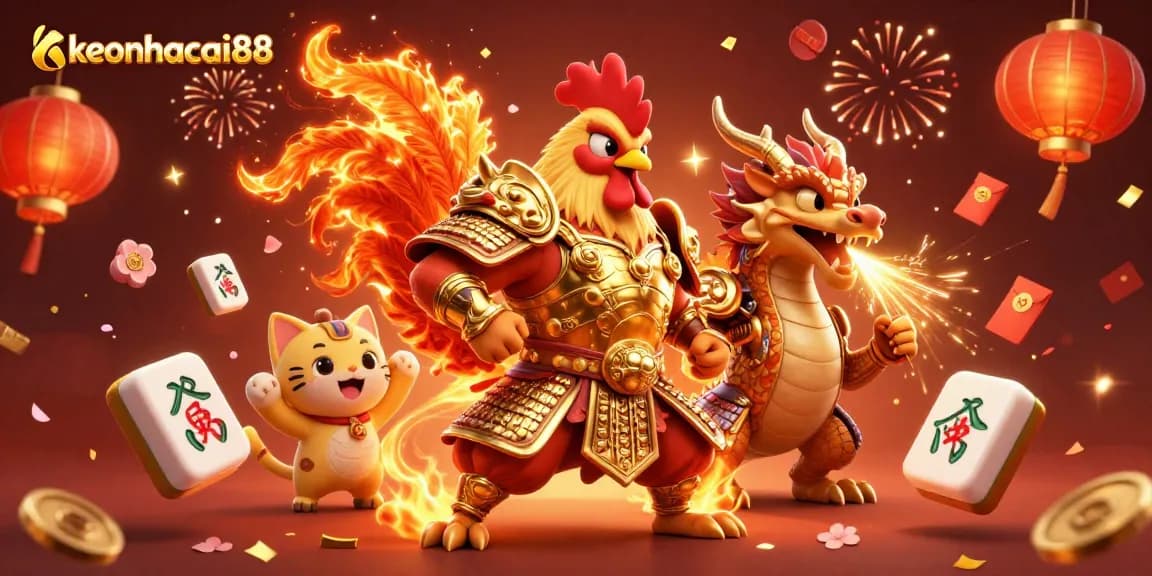 Join keonhacai88 for an epic showdown between a fighting rooster warrior and a dragon hatchling!