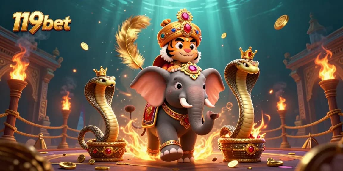 Engage with thrilling games at 119bet featuring a vibrant 3D illustration of a maharaja tiger and elephant.