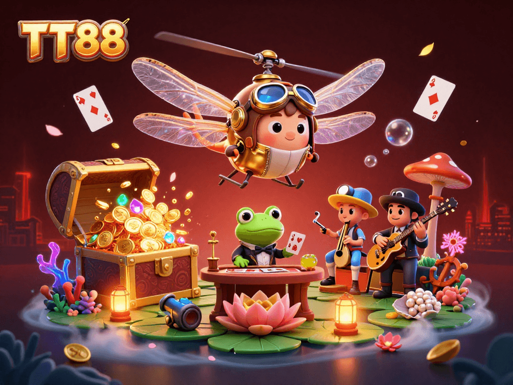 TT88 promotes exciting gaming experiences with a vibrant casino scene featuring fun characters and rich details.