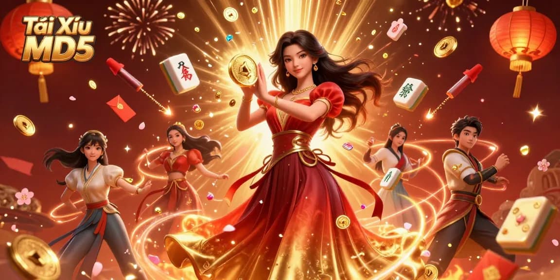 Tài Xỉu MD5 vibrant scene with Asian woman holding golden coin amidst festive casino elements.