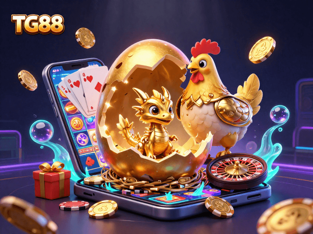 Engage with TG88's vibrant gaming universe featuring golden dragon and poker chips.
