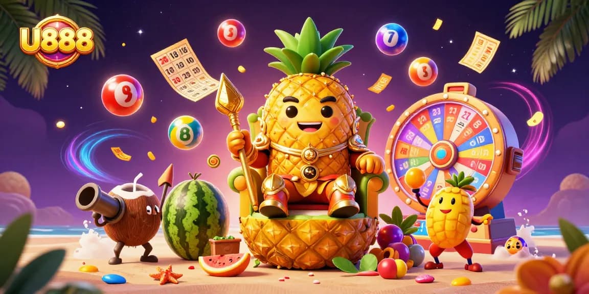Experience U888's vibrant beach casino realm with a golden pineapple king and dynamic game elements.