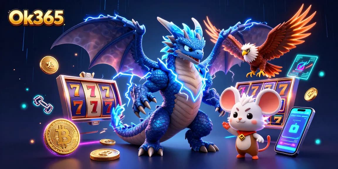 Engage with Ok365's thrilling casino atmosphere featuring animated characters and slot games.