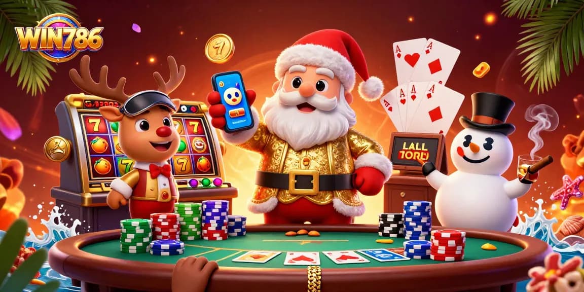 WIN786 offers an exciting gaming experience with a festive illustration of a cartoon Santa and friends in a lively casino.