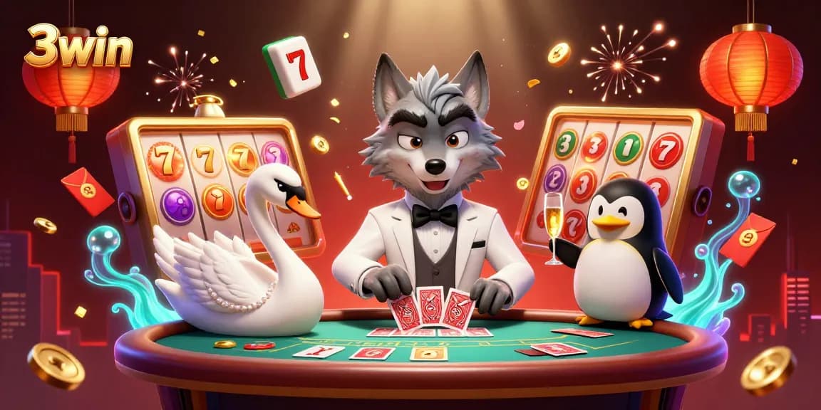 Experience winning spins with 3win, showcasing animated wolves and vibrant slot reels in exciting casino scene.