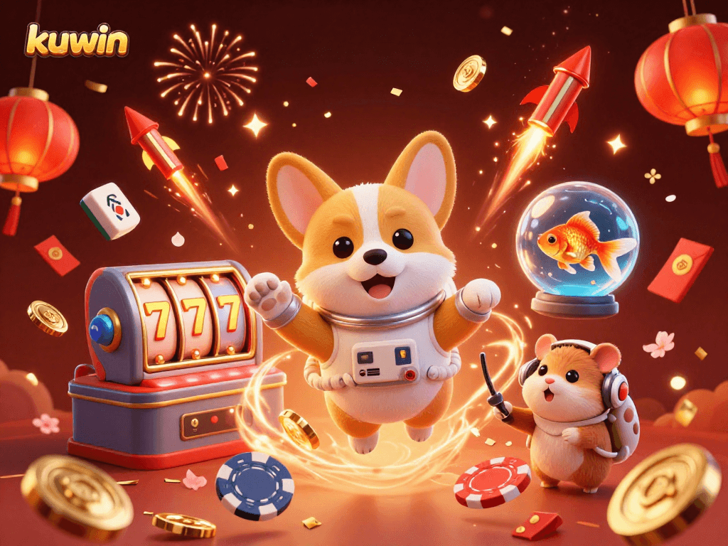 Kuwin provides exciting slots as a corgi astronaut explores a casino with vibrant, dynamic gaming elements.
